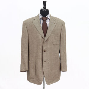 Samuelsohn 44R Beige Sport Coat Blazer Jacket Houndstooth 3-Button Wool W054